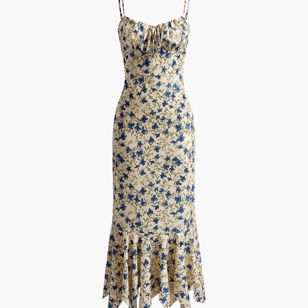 Commense Cream Ruffled Flower Sundress with Spaghetti Straps for Wedding Guest - Picture 6 of 8